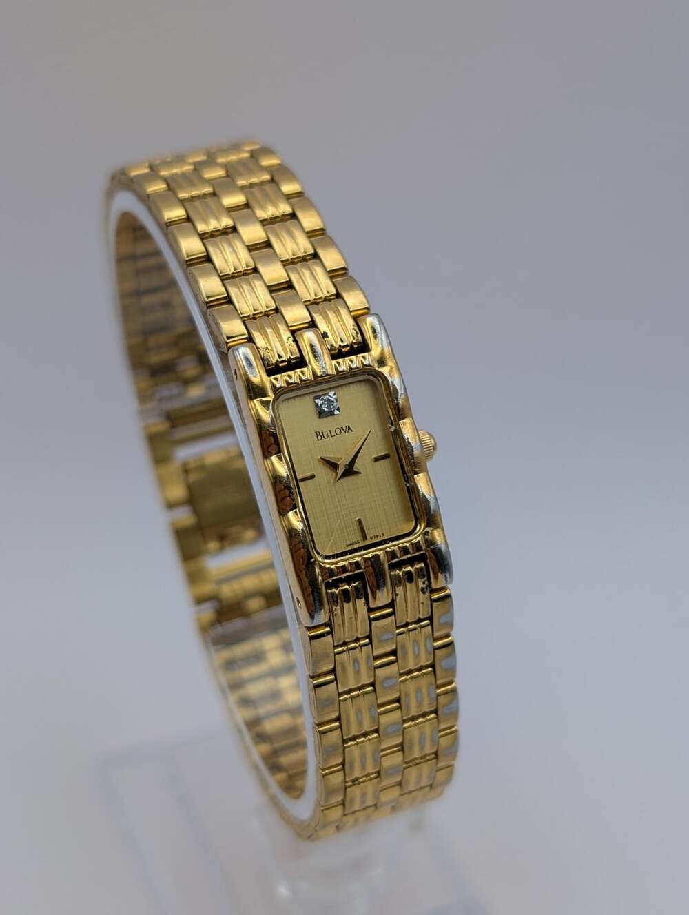 Vintage Bulova Gold-Tone Quartz Ladies Watch, Diamond Marker Tank Bracelet Style